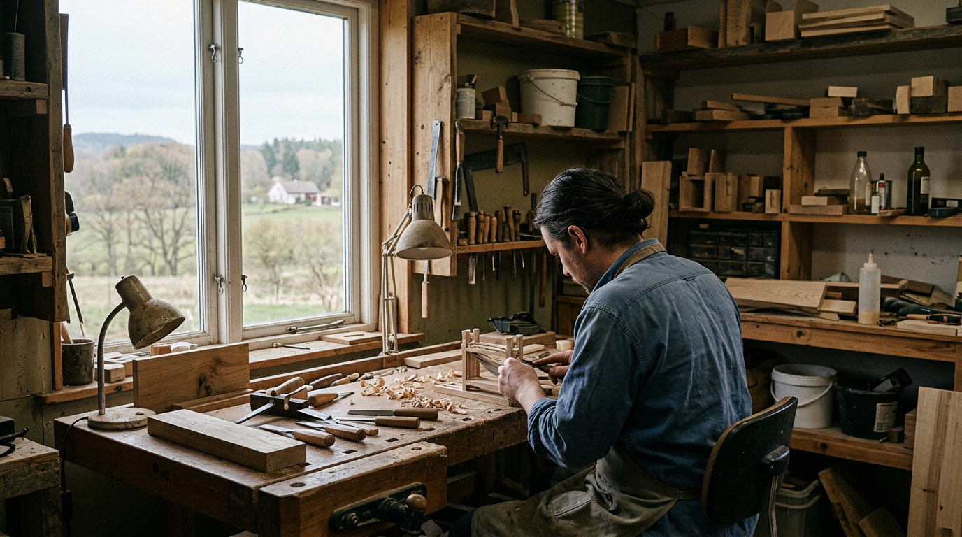 Man working diligently, success symbolized by a bright light and upward arrow.