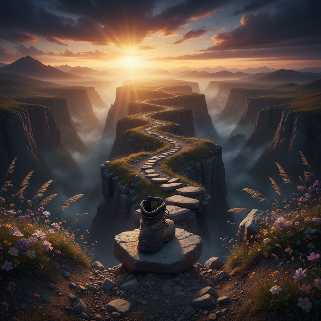 Man taking a single, tiny, uncomfortable step on a long, winding path.