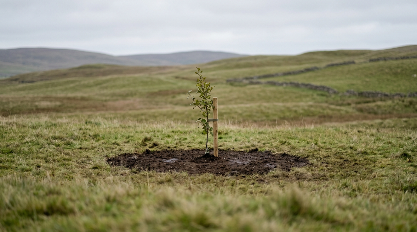Man planting a young tree in a hole in spring or fall.