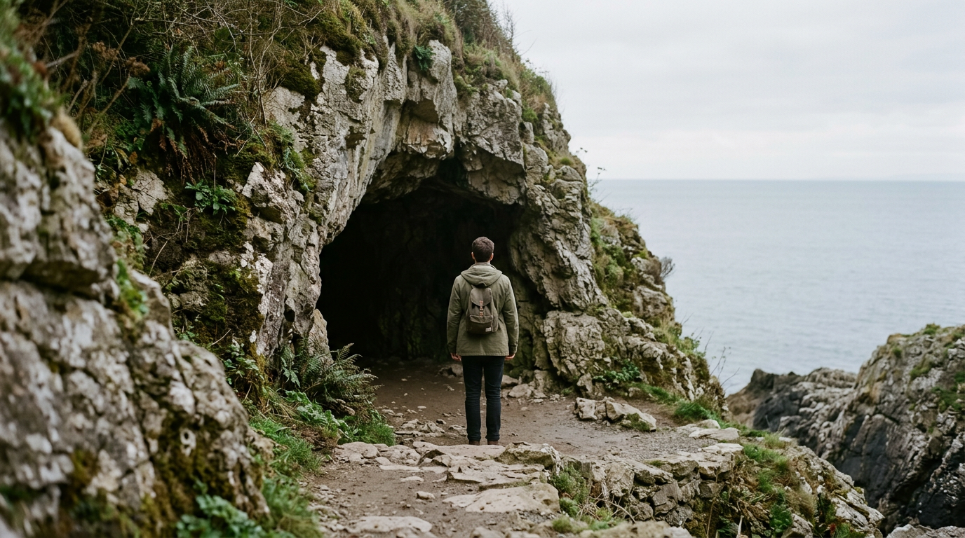 Cave entrance with glowing light, symbolizing courage and reward.