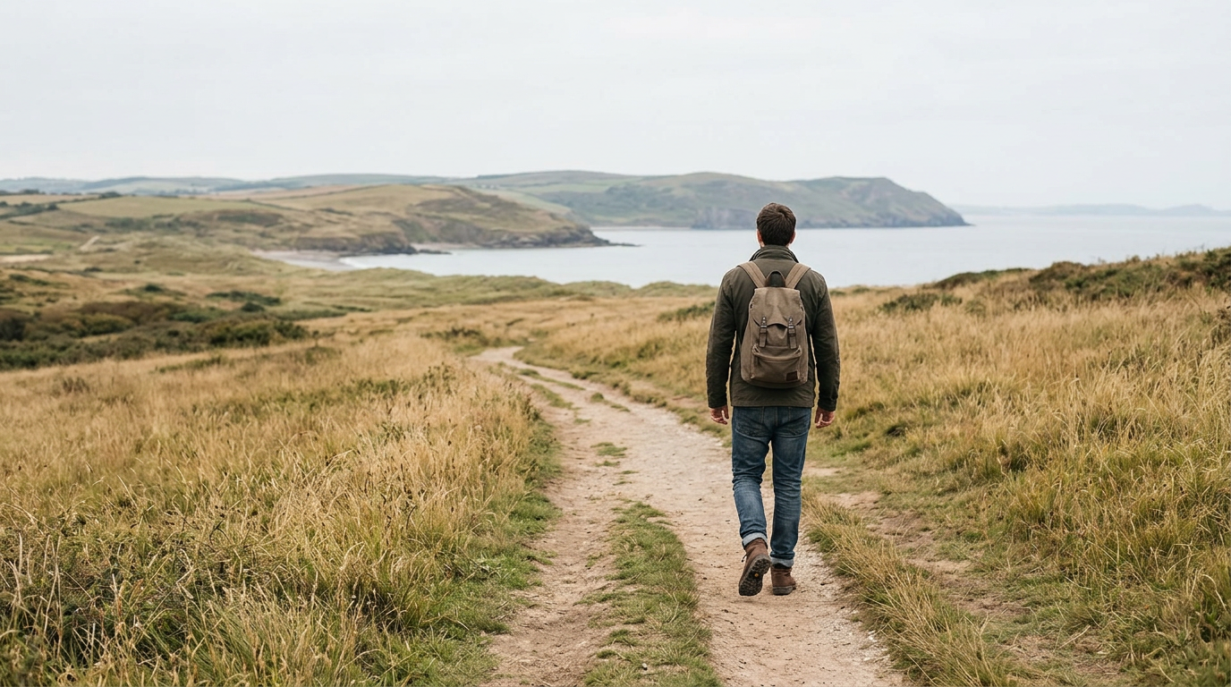 Person walking on a path, looking contemplative, path splits into two different directions.