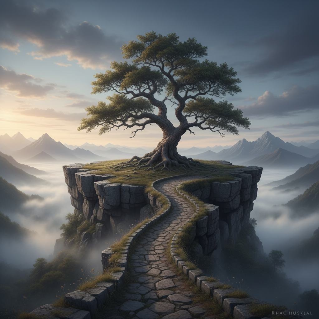 Dream imagery, surreal landscape, sleeping person, imaginative world