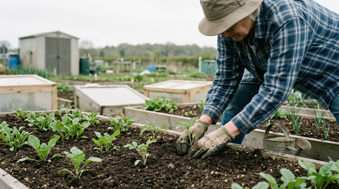 Person planting a tiny sprout in fertile soil, symbolizing small actions yielding growth.