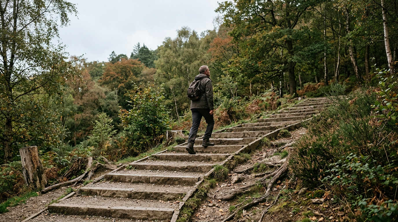 Man climbing stairs, representing progress and action to achieve a vision.
