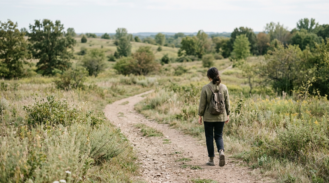 Happy person walking on a sunny path, embodying happiness as a journey, not a destination.