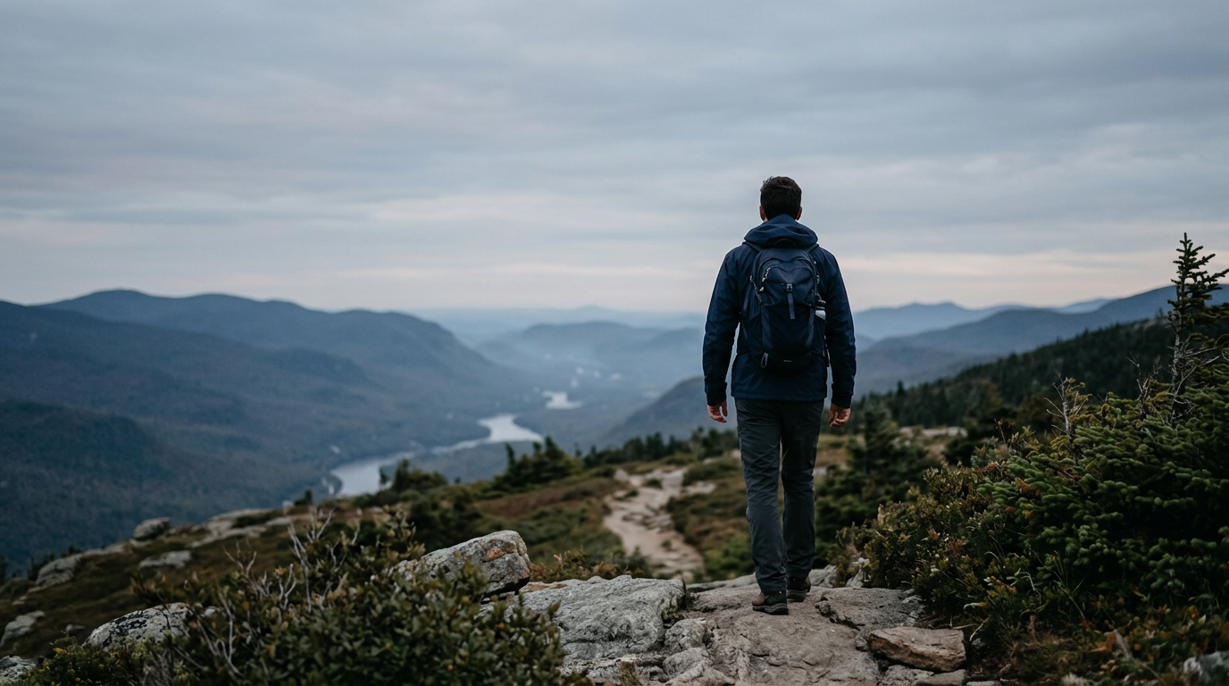 Man looking thoughtfully at a mountain peak.