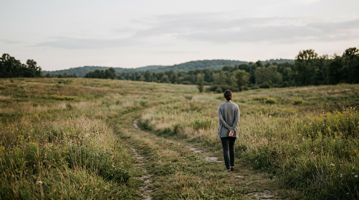 Woman embracing change with open arms, letting natural beauty of life surround her.