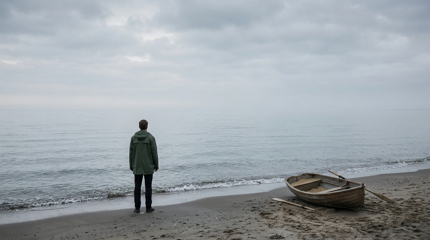 Person looking at ocean horizon, reflecting on overcoming challenges.