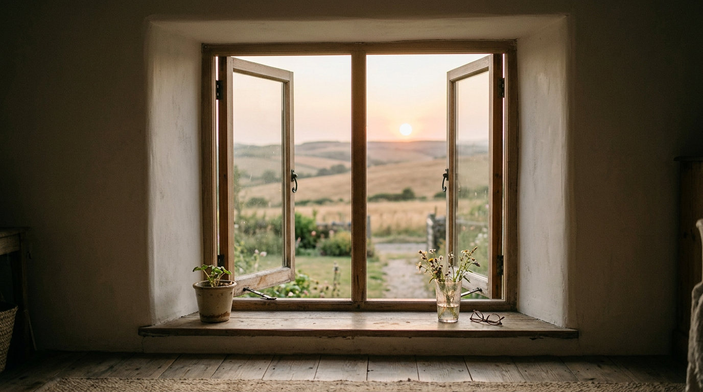 Sunbeams warming a person looking out an open window, symbolizing inner growth and seizing life.