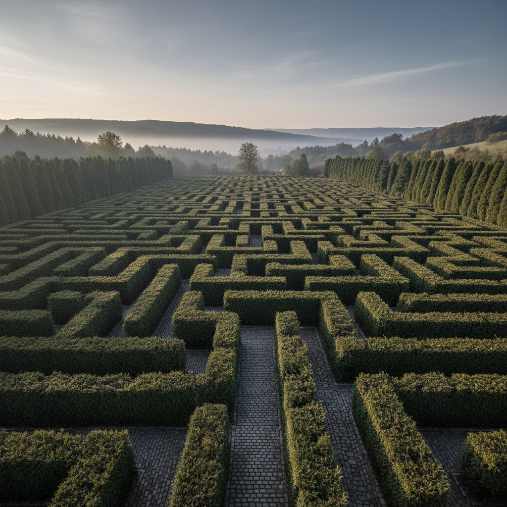 A person lost in a colorful, winding labyrinth.