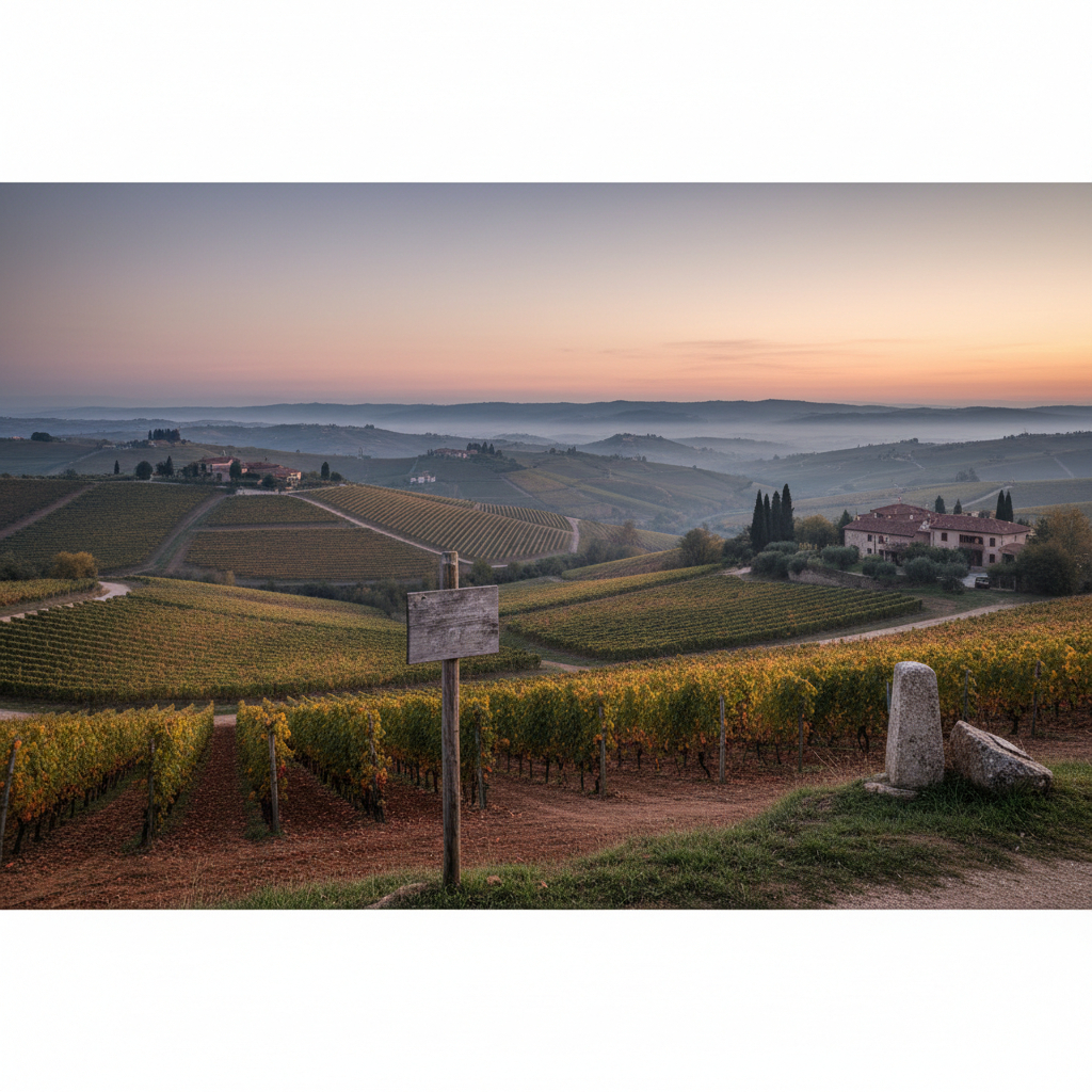 A vine-covered vineyard in the French countryside with a wine chateau in the distance.