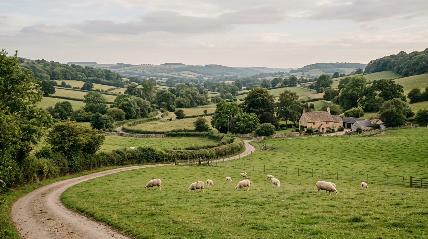 Pastoral landscape with sheep grazing in a green field under a blue sky.
