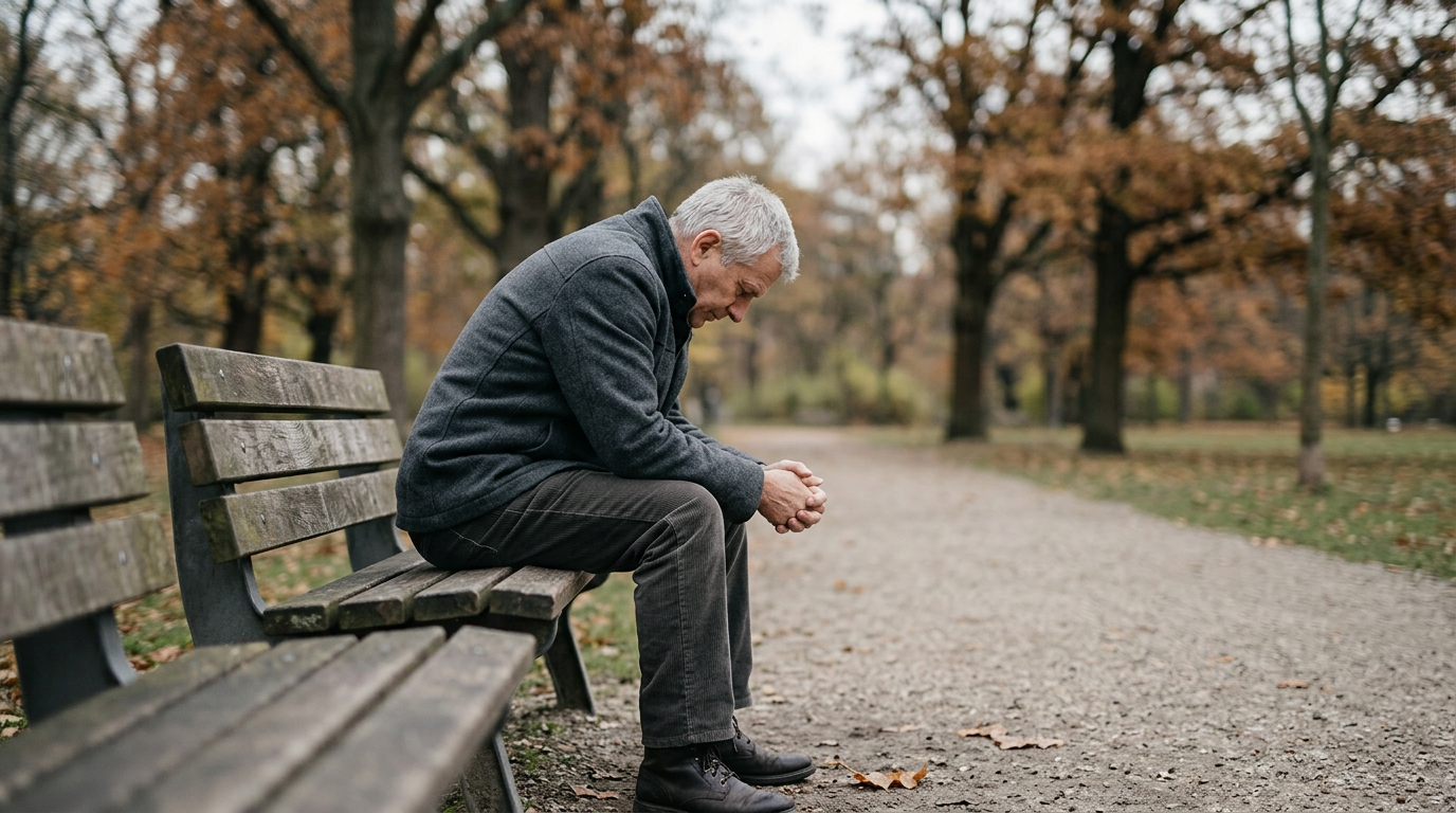 Man praying at a church altar during a somber, reflective moment.