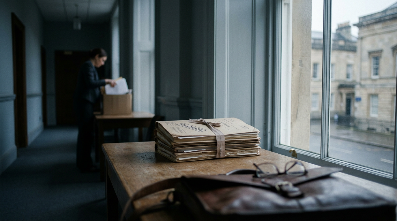 Person being cleared of wrongdoing, with papers and a gavel symbolizing justice.