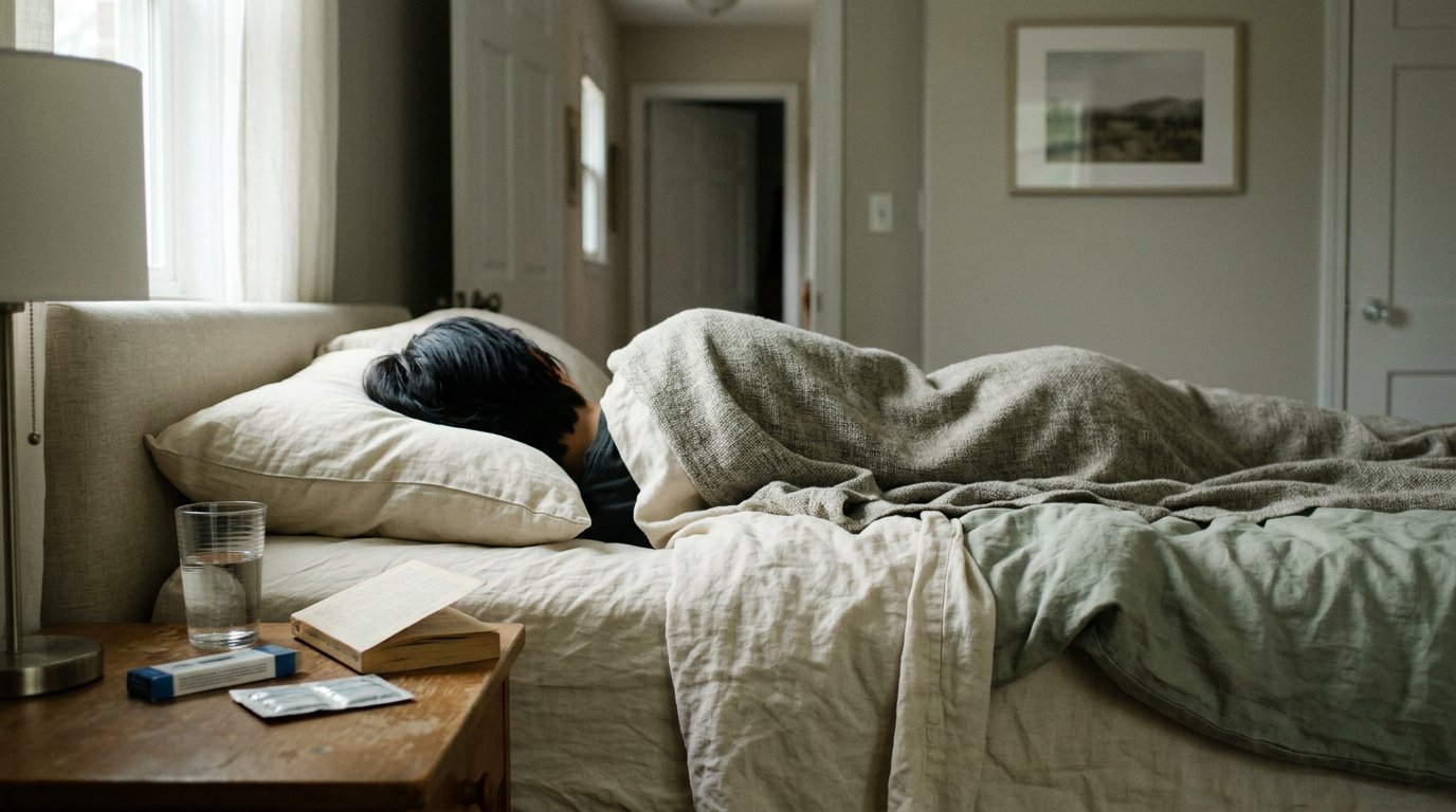 Man experiencing a headache and fever, feeling unwell
