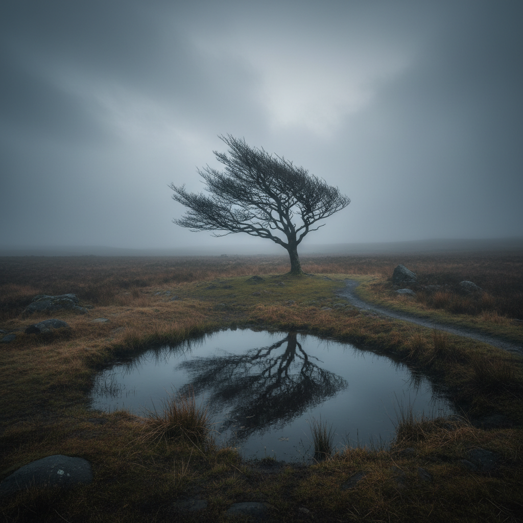 Person looking sad and gloomy, with dark clouds.