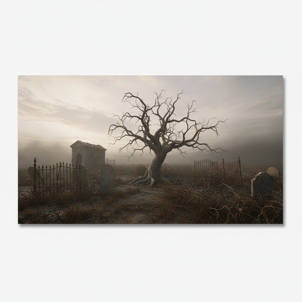 Decorated tomb with skeletal remains and gothic architecture.