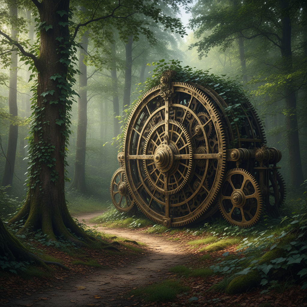 Man in a dark suit working on a complex blueprint with gears and intricate details.