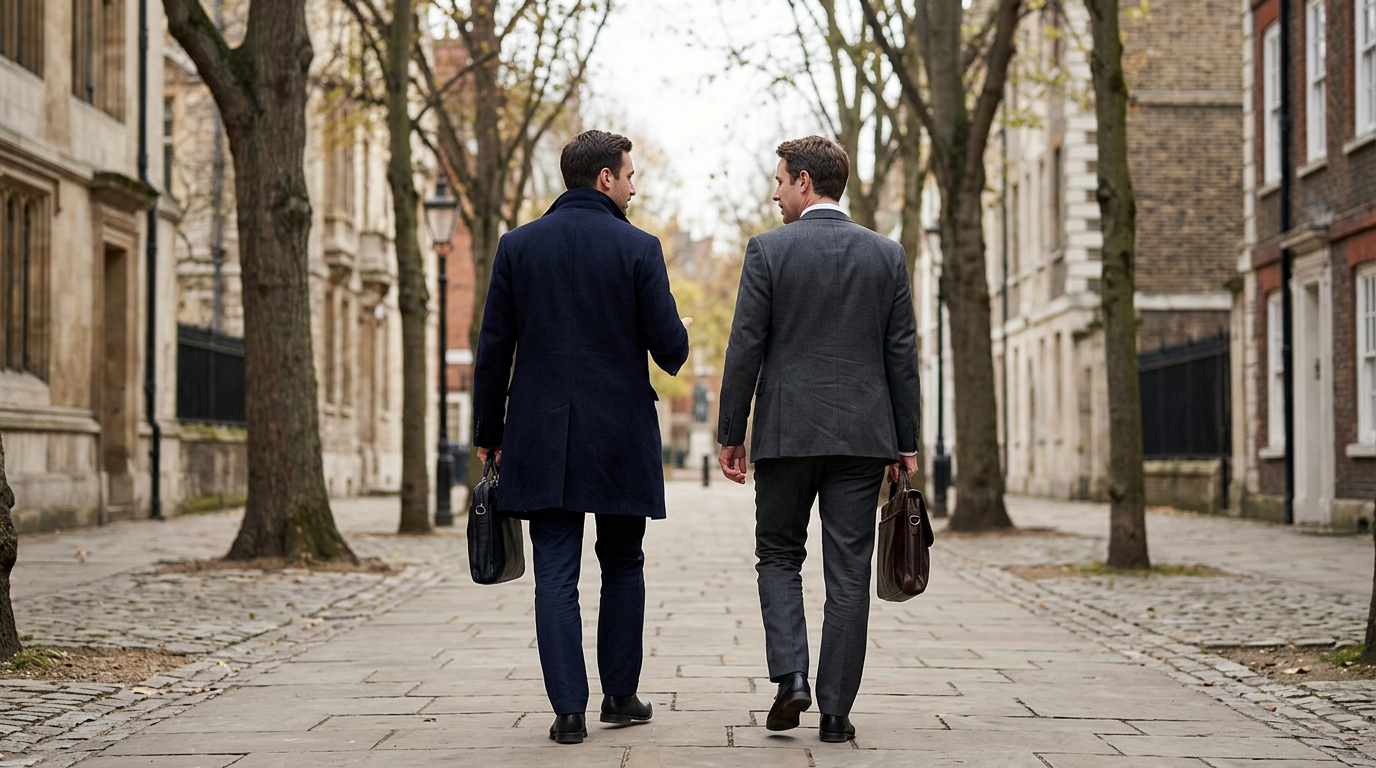 Man wearing a suit, holding briefcase, walking in city.