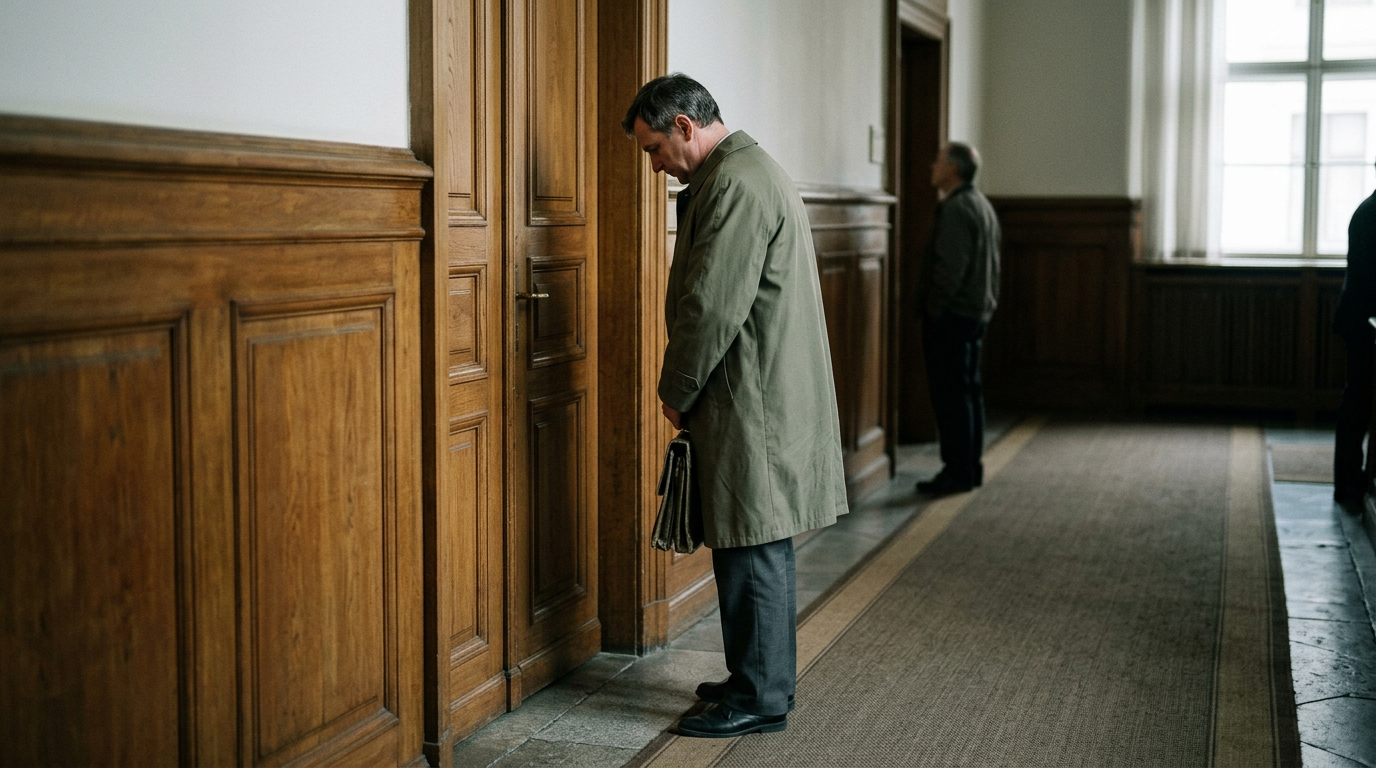Smiling man bowing deeply in a formal suit, symbolizing obsequious behavior.