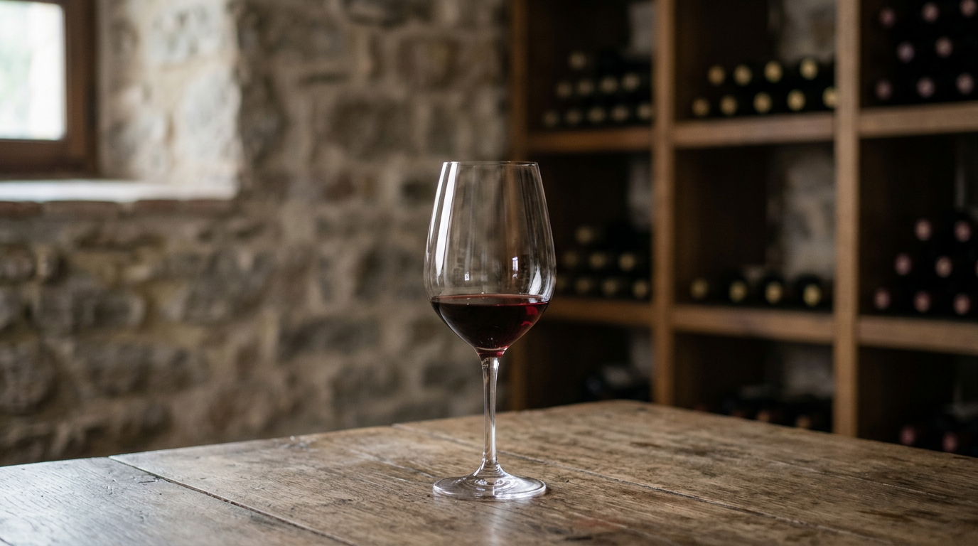 Oenophile: Close-up of a hand gently holding a glass of red wine.
