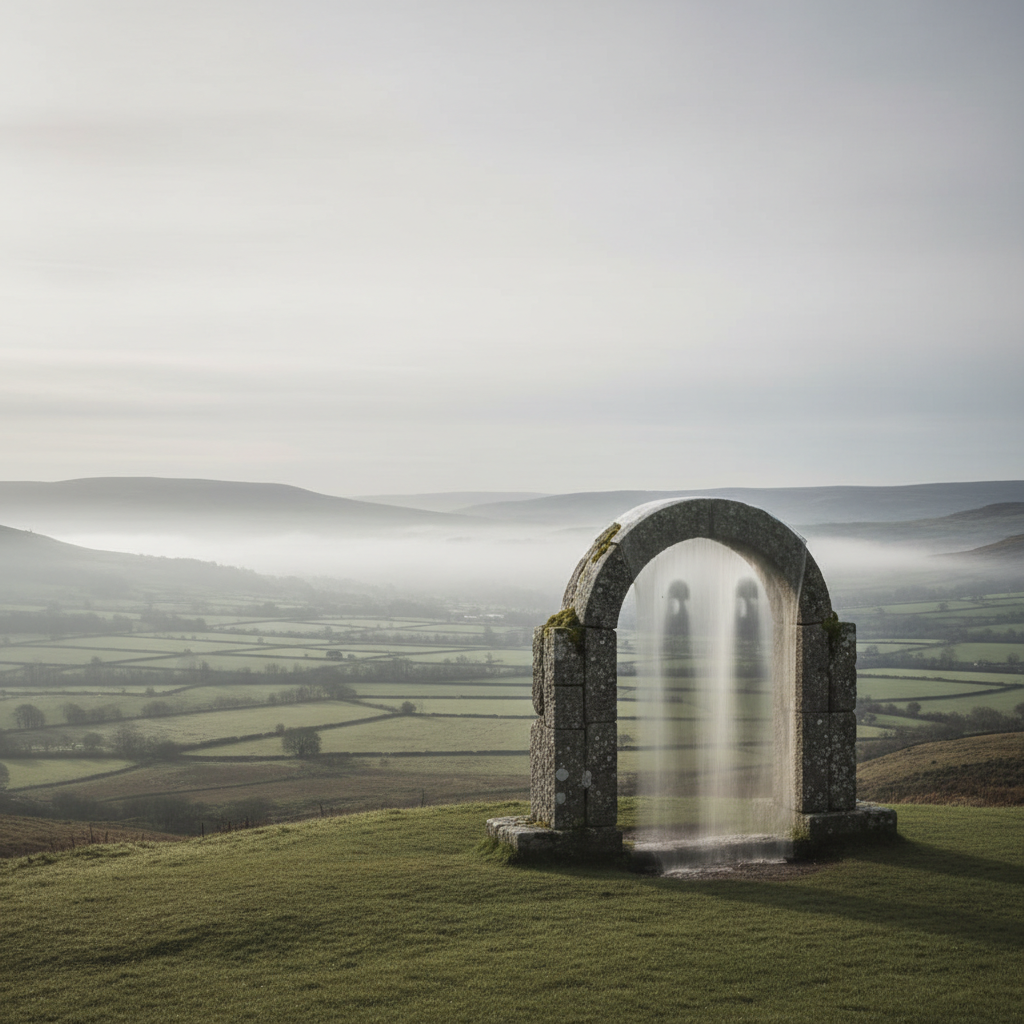 A ghostly apparition in a fog-filled graveyard.