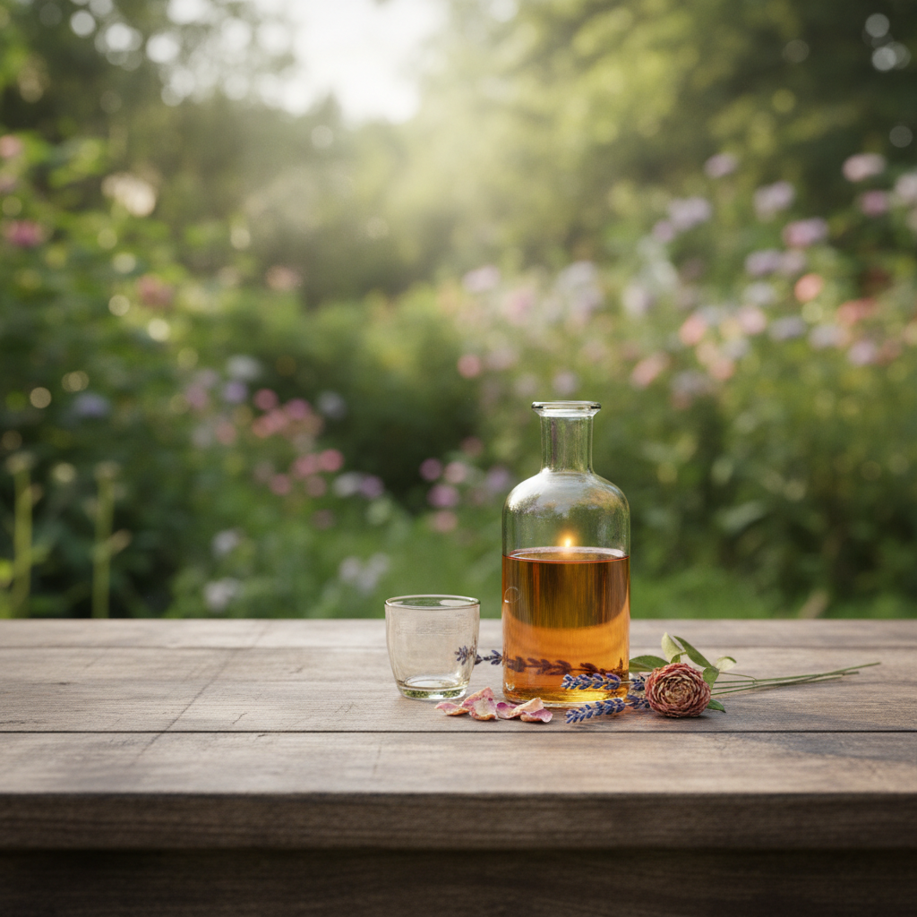 A philtre, a magical potion held in a glass bottle, with a glowing green liquid.
