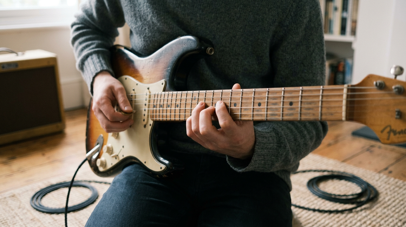 Close-up of a guitar neck with a musician's hands playing a riff