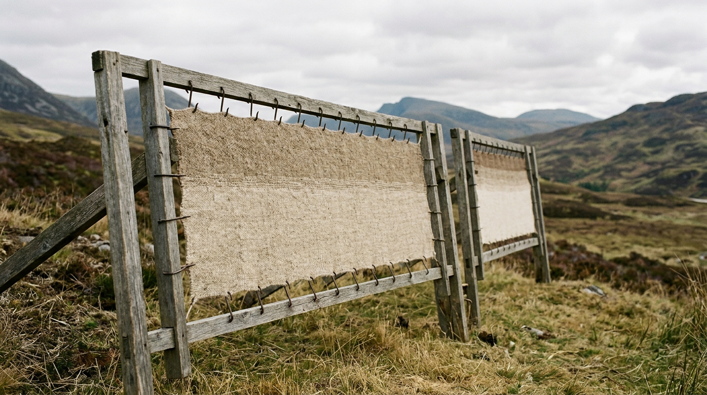 Tenterhooks gripping fabric, demonstrating industrial textile stretching process.