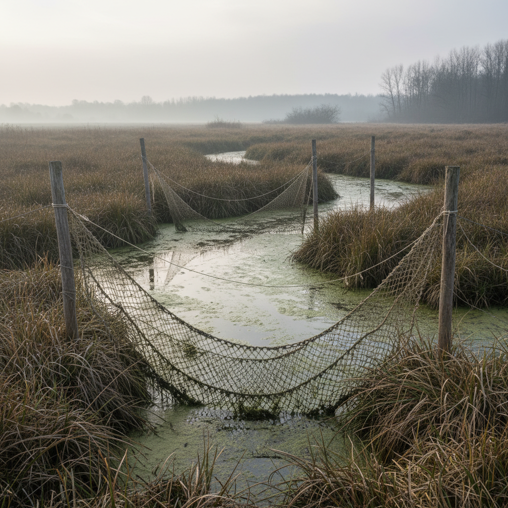 Trammel: Image of a bird with a trammel net and fishing equipment.