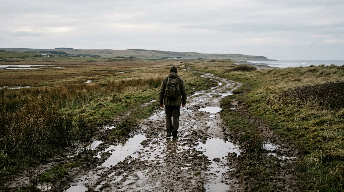 Person trudging through snow, wearing winter gear, carrying backpack.