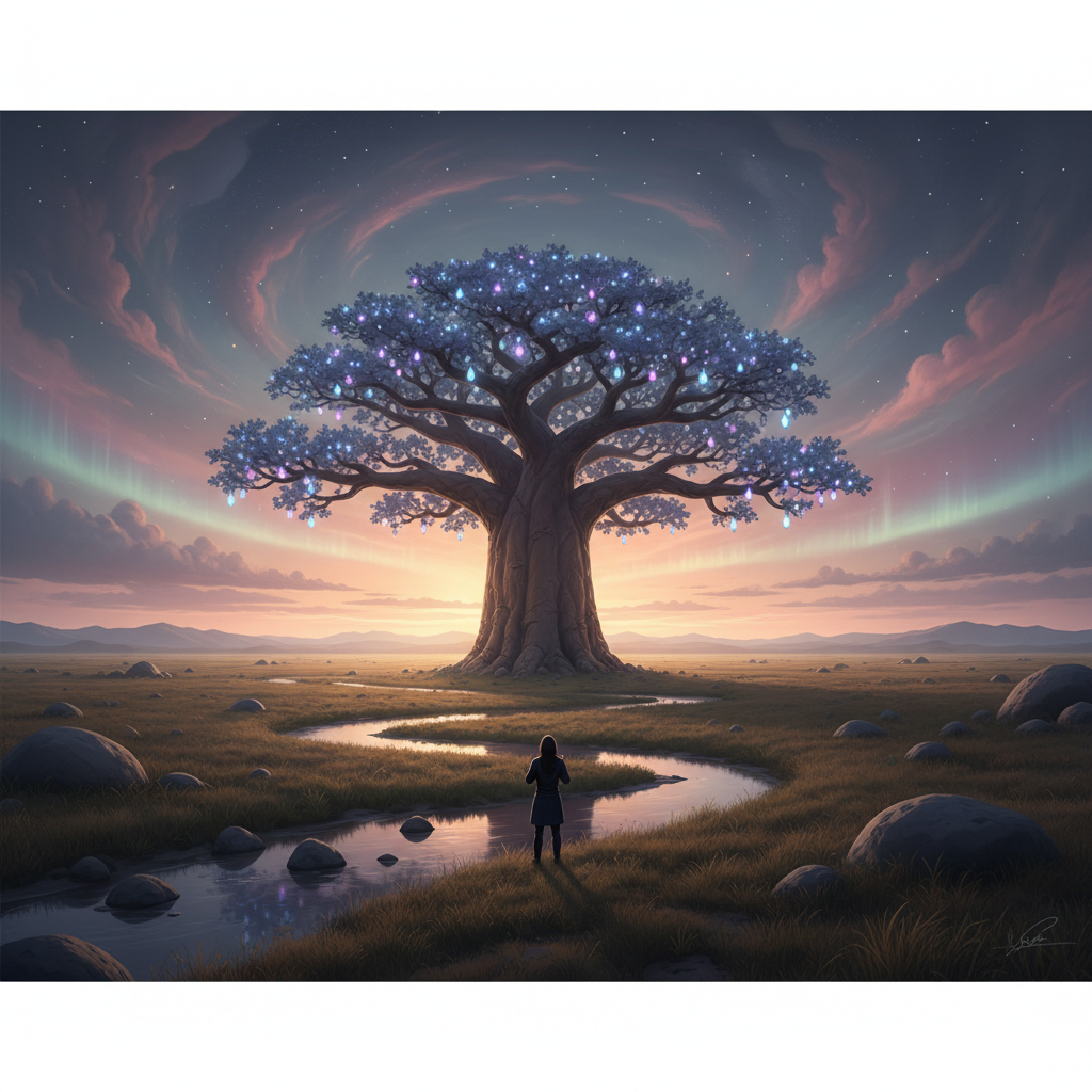 Wonderment: A child's face lit up with awe, exploring a vibrant, magical landscape.